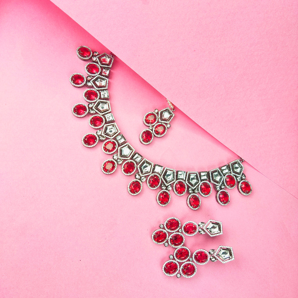 Victorian Necklace Set With Moissanite Polki And Ruby,Emeralds 