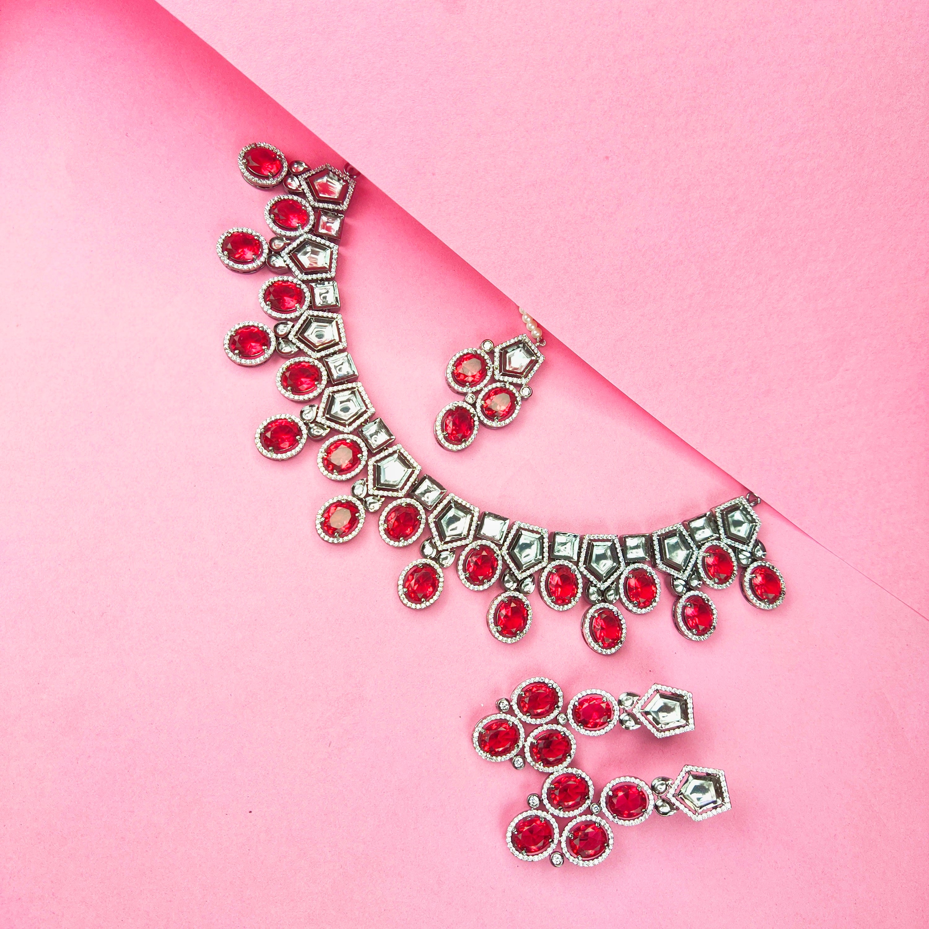 Victorian Necklace Set With Moissanite Polki And Ruby,Emeralds 