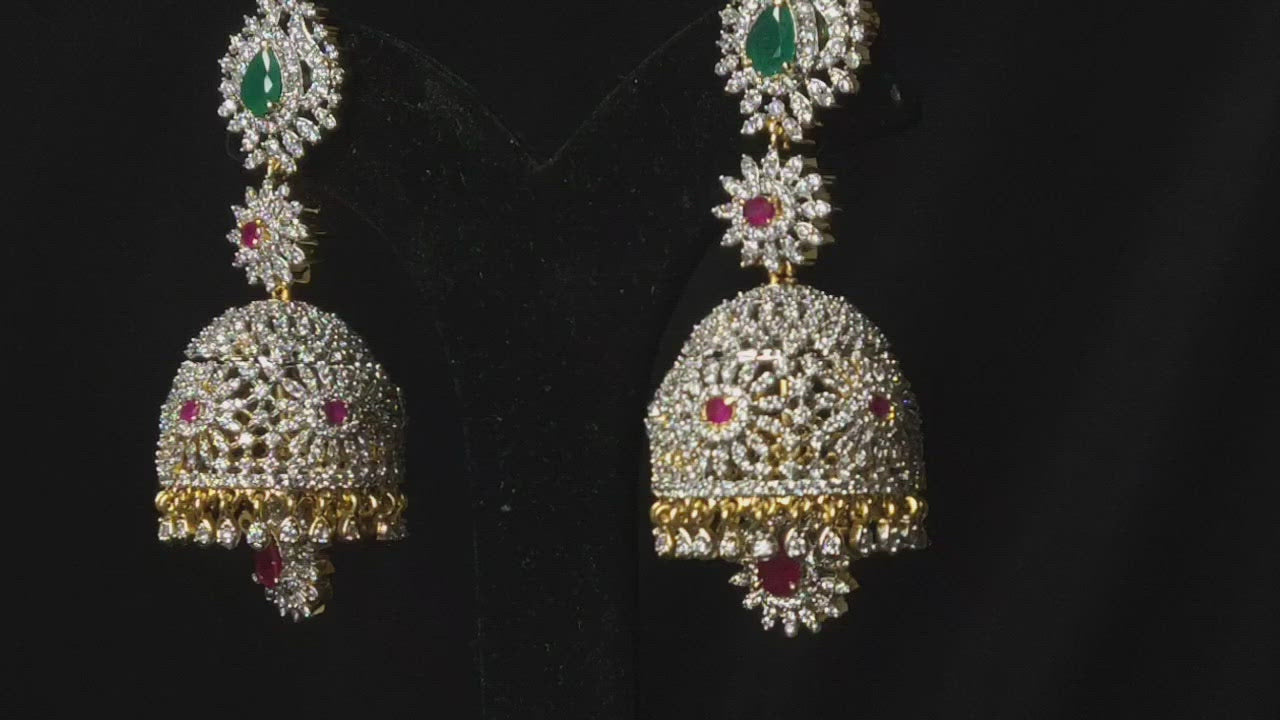 1 Gram Gold Diamond Emerald Jhumka Earrings - Traditional Indian Jewelry