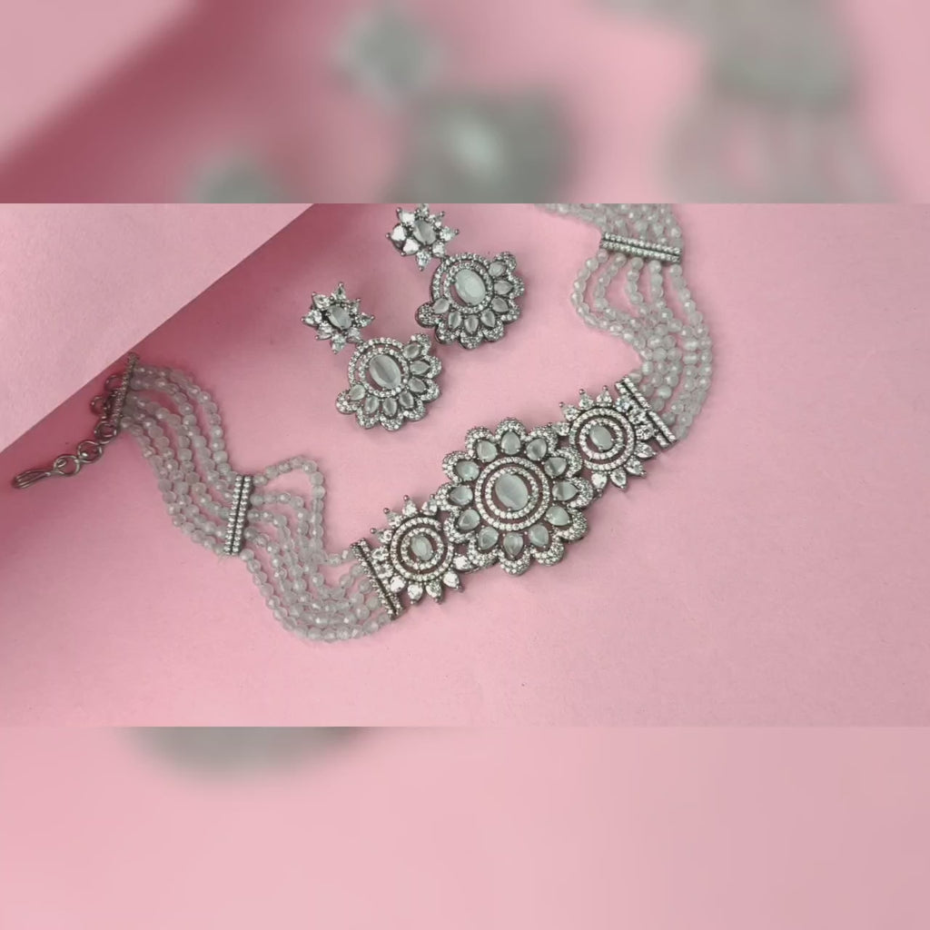 Gray beads choker with American diamond pendant By Asp Fashion Jewellery