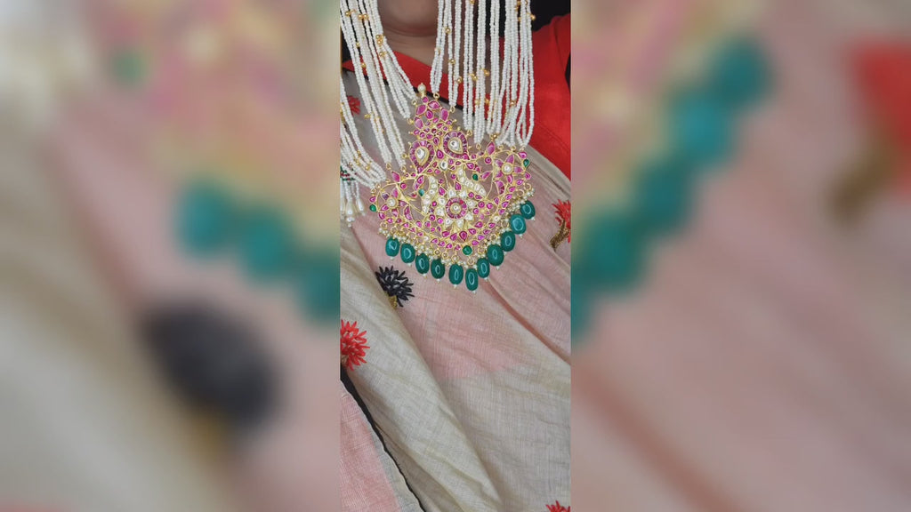 Kempu Rani Haar | Polki Pendant with Beads Necklace | Gold Plated Traditional Jewelry