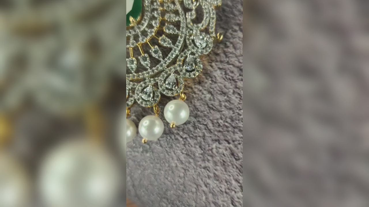 American Diamond Pendant Set with Pearls - 24K Gold Plated Bridal Jewelry