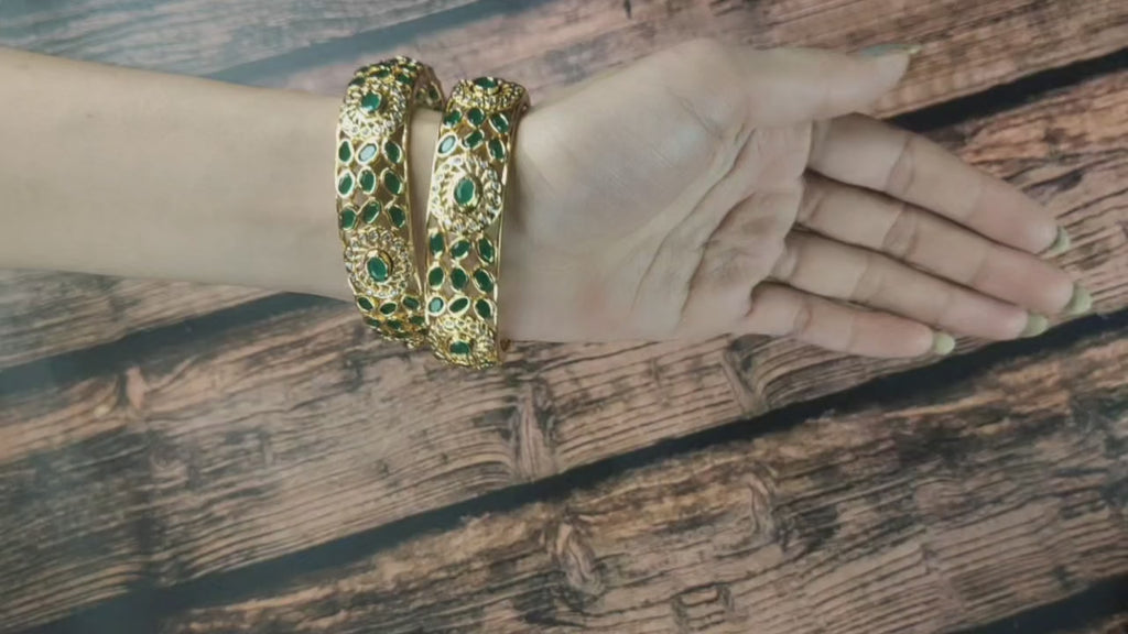 Emerald Bangles Set - Handcrafted 24K Gold Plated Green Stone Bracelets for Women