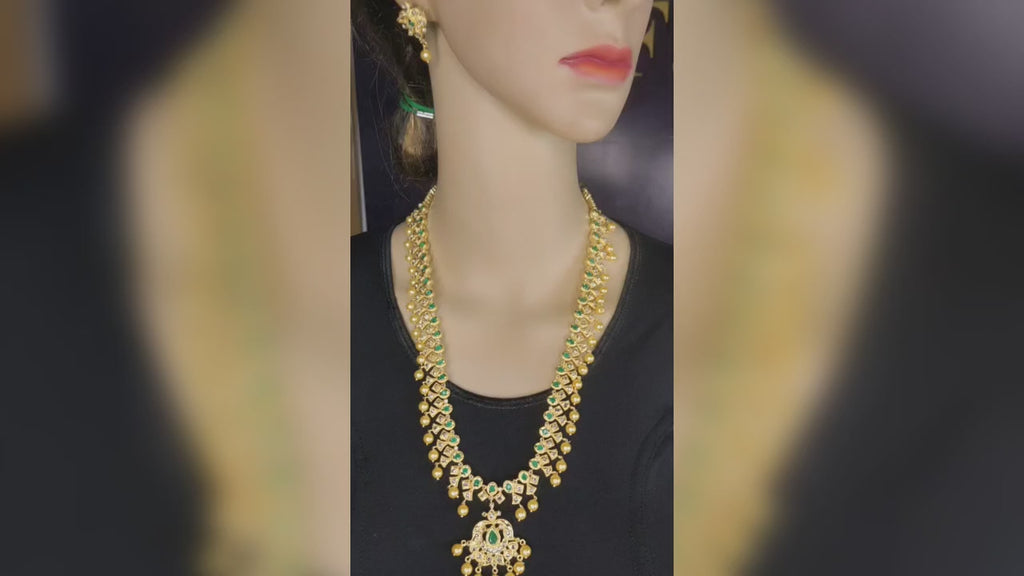 Uncut Diamond Haram with Ruby & Emerald - Gold Finished Long Necklace Set
