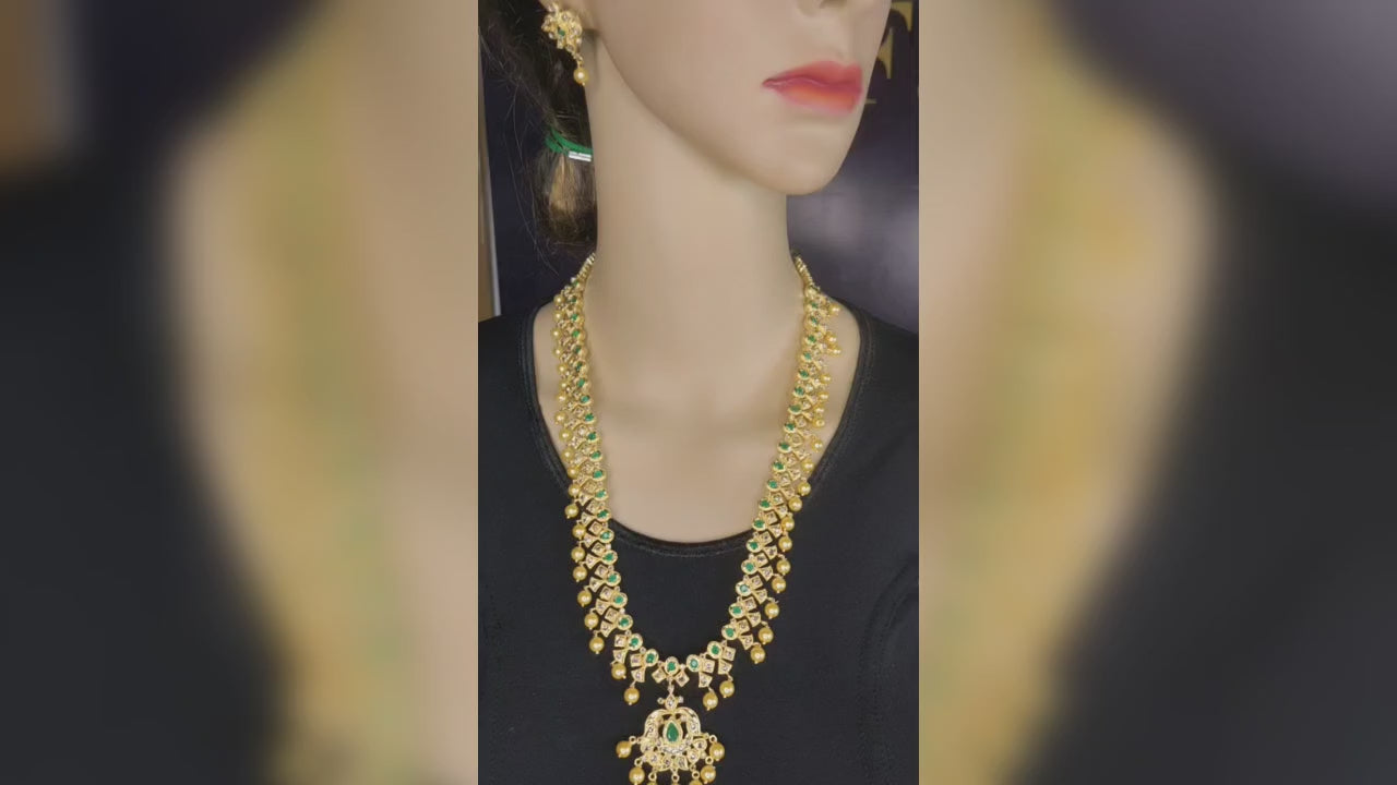 Uncut Diamond Haram with Ruby & Emerald - Gold Finished Long Necklace Set