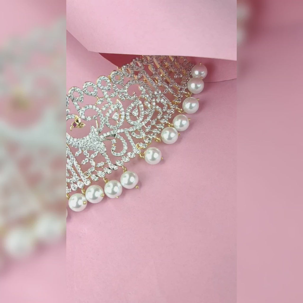 Scintillating Scallops American Diamond Choker Set - Pearl Drops Royal Design