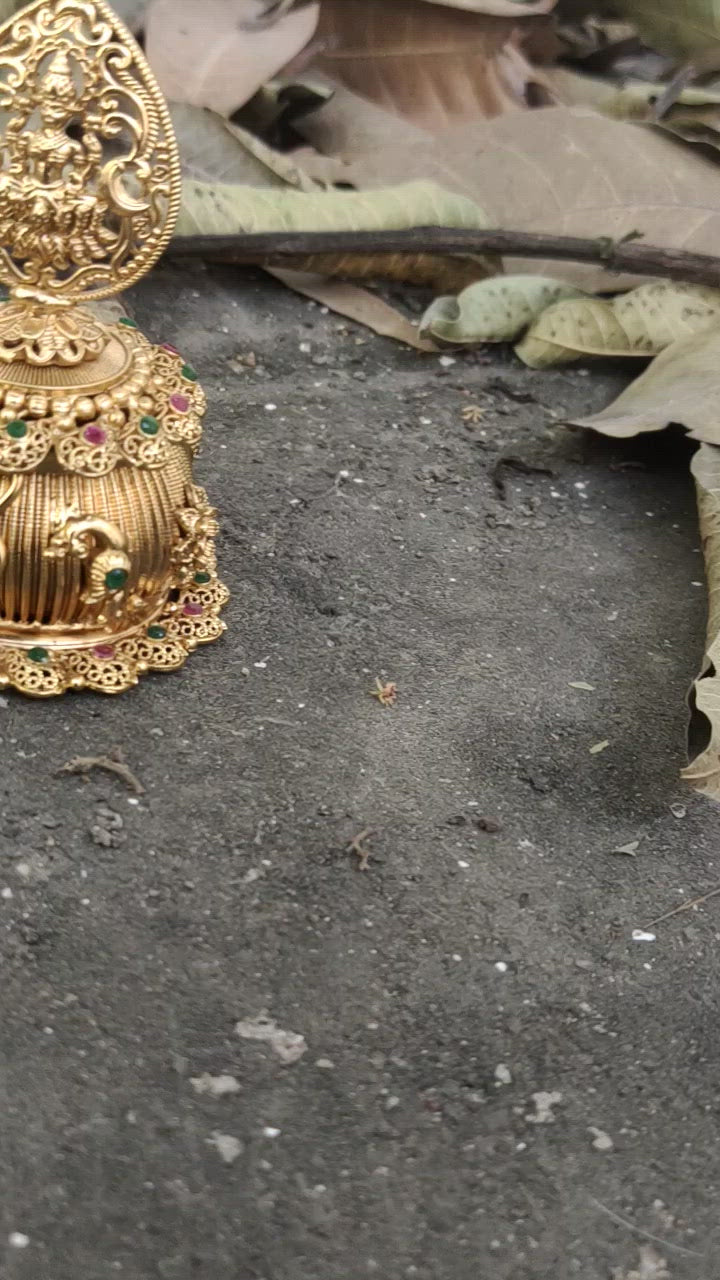 22K Antique Gold Plated Kumkum Box - Nakshi Pattern with Ruby & Emerald