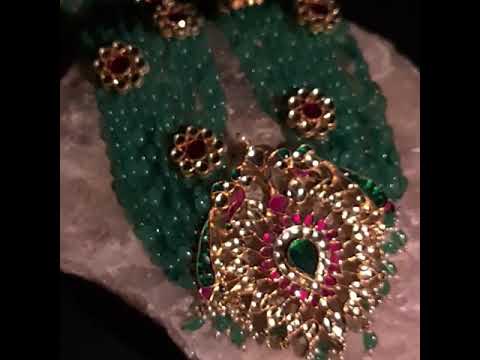 Emerald Beads Haram with Polki Pendant | Multi-Strand Necklace | Gold Plated Jewelry