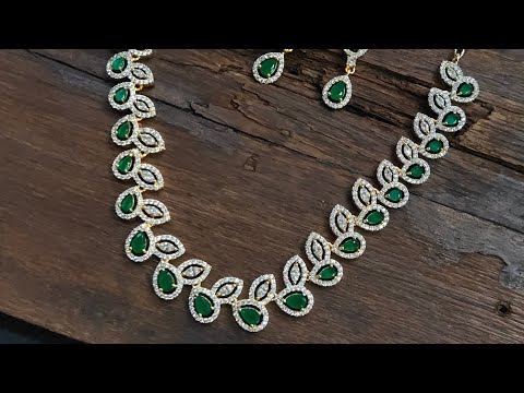 Diamond Replica Leaf Necklace Set - Single Line American Diamond